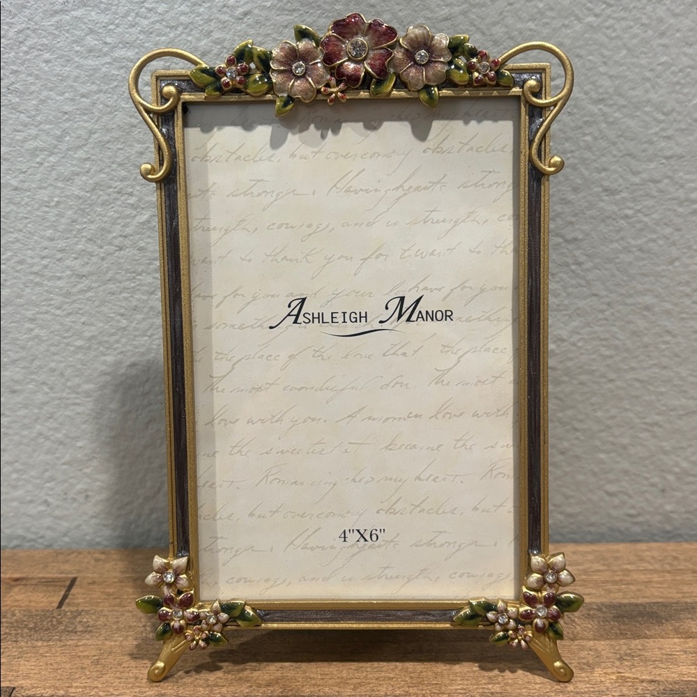 Ashleigh Manor ~ 4” x 6” Metal Gold & Pink Floral Photo Frame ~ Rhinestones